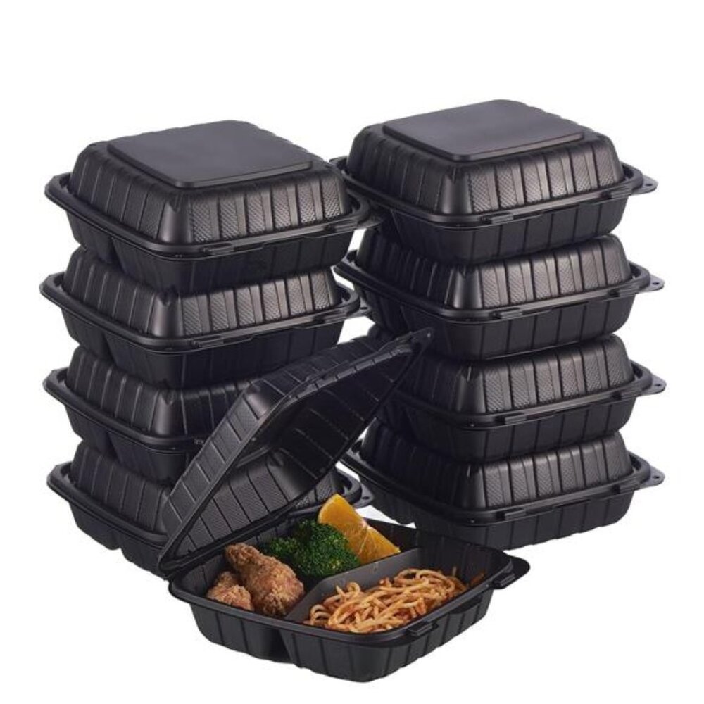 8X8" 3-Compartment 50-Pack Plastic Clamshell Takeout Food Trays Heavy Duty